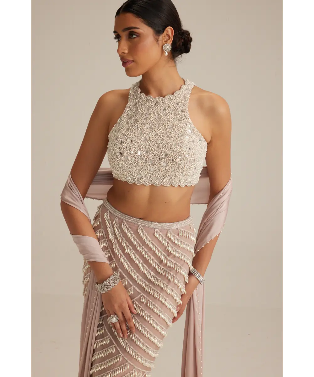 VVANI VATS- Ash Pink Pearl Drop Pencil Skirt Set